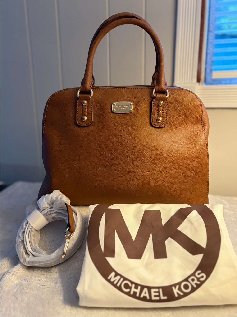 Michael Kors Cognac Saffiano Leather Dome Satchel with Gold Hardware